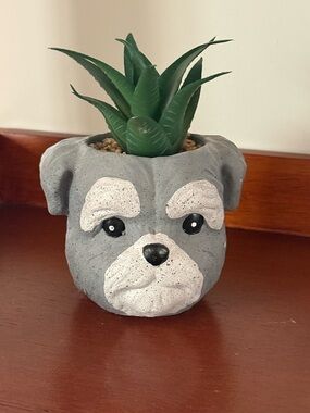 Cute Gray Dog Face Planter with Faux Succulent